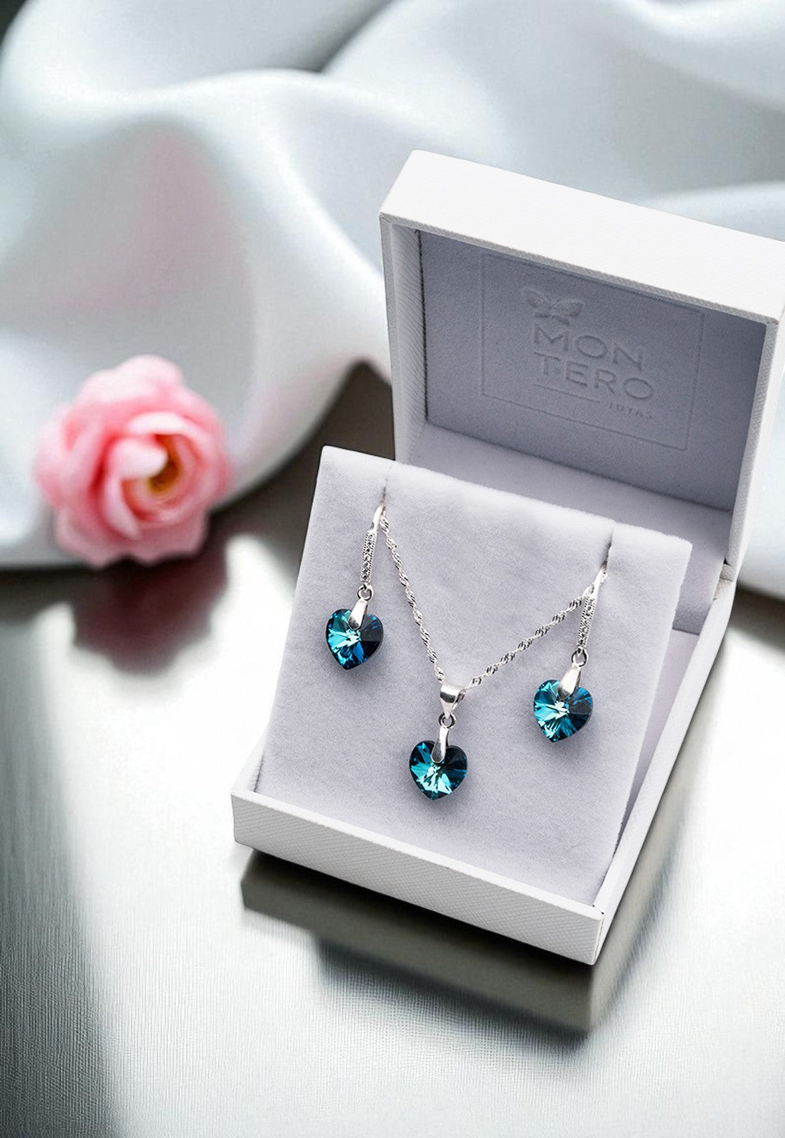 Conjunto Romance Plata 925 Cristal Genuino Bermuda Blue