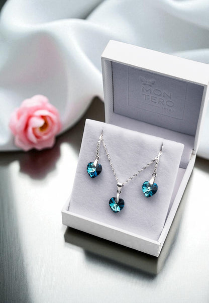 Conjunto Romance Plata 925 Cristal Genuino Bermuda Blue