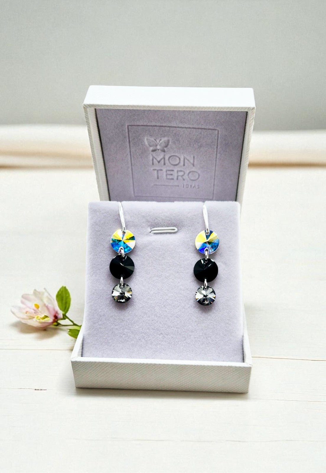 Aros Rafaela Plata 925 Con Cristales Genuinos Jet