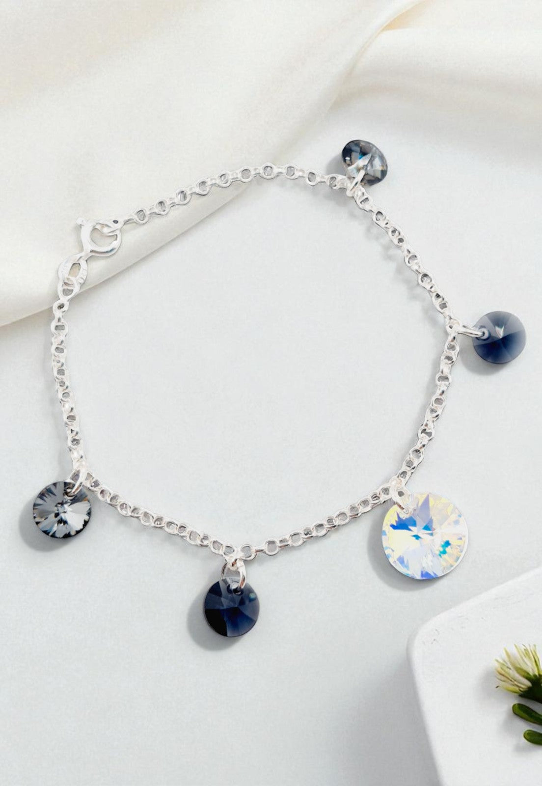 Pulsera Nepal Plata Italiana 925 Cristal Genuino Silver Night