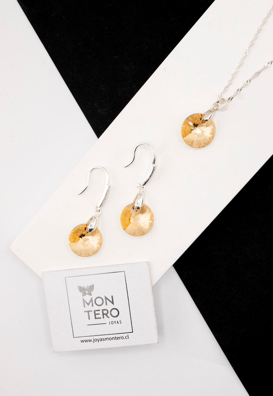 Aros + Collar Conjunto Madrid Plata 925 Cristal Golden