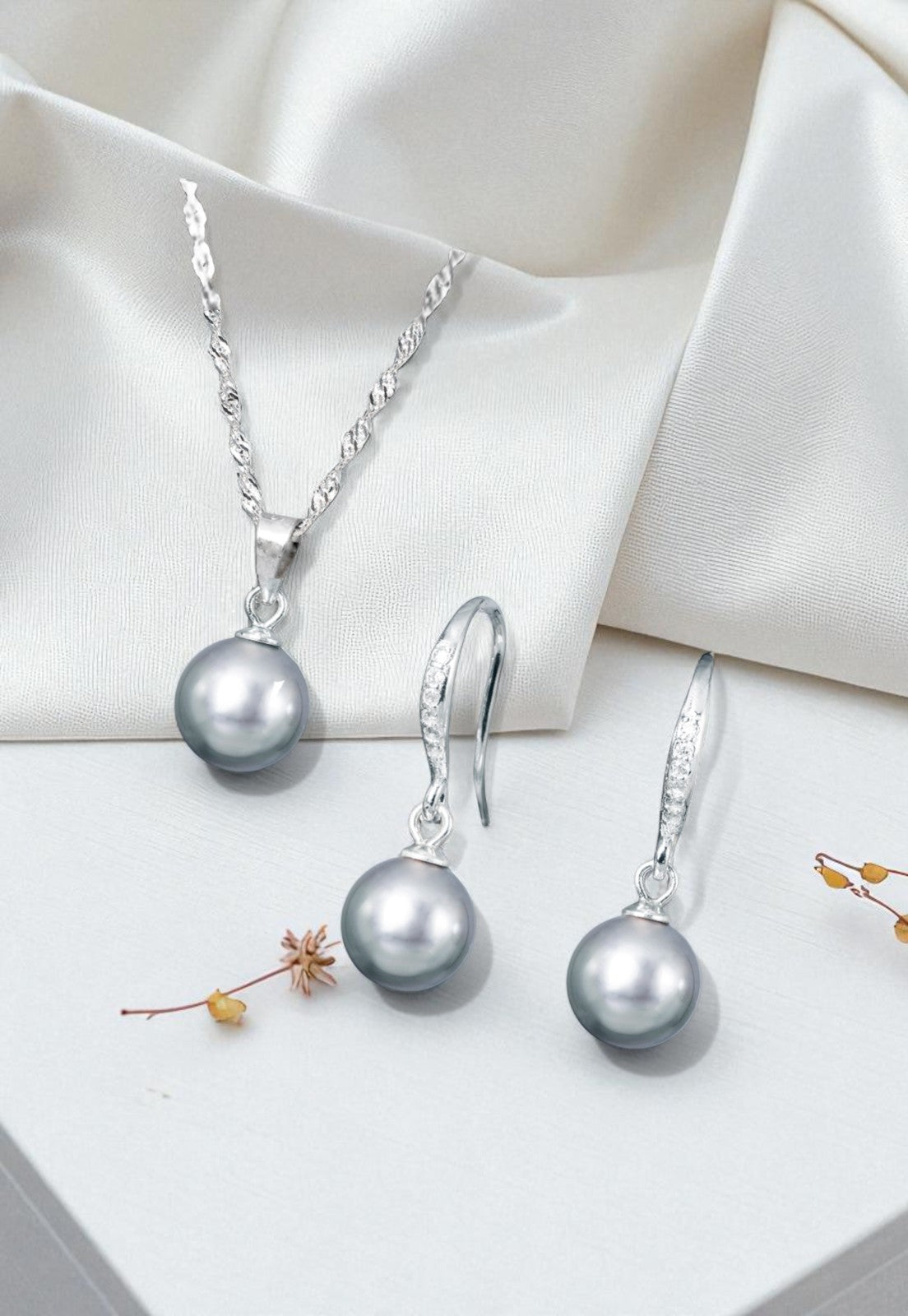 Conjunto Oslo Plata 925 Perla Genuina Grey