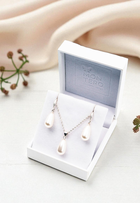 Collar + Aros Conjunto Plata 925 Moscu Perla Organica Cream