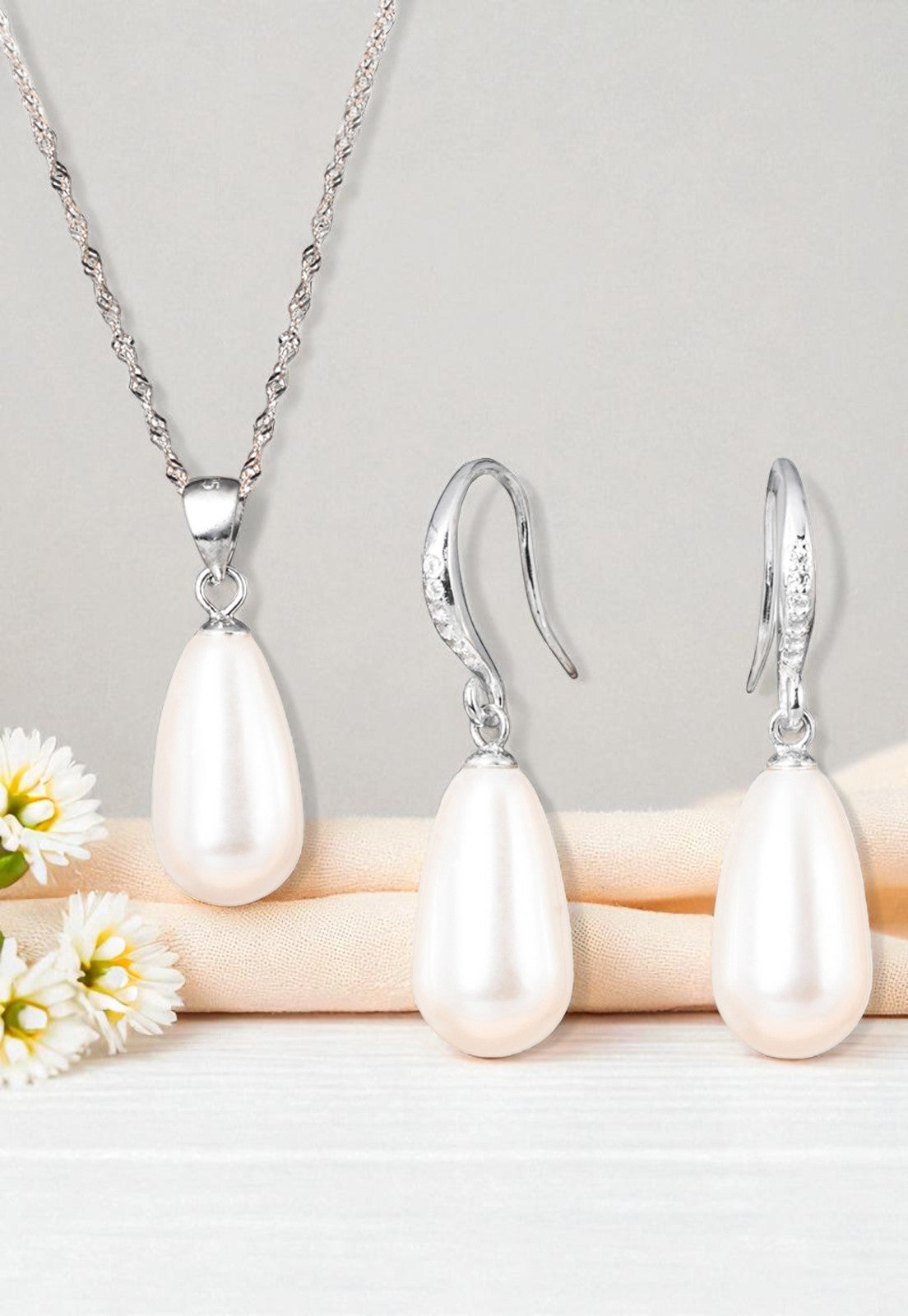 Collar + Aros Conjunto Plata 925 Moscu Perla Organica Cream