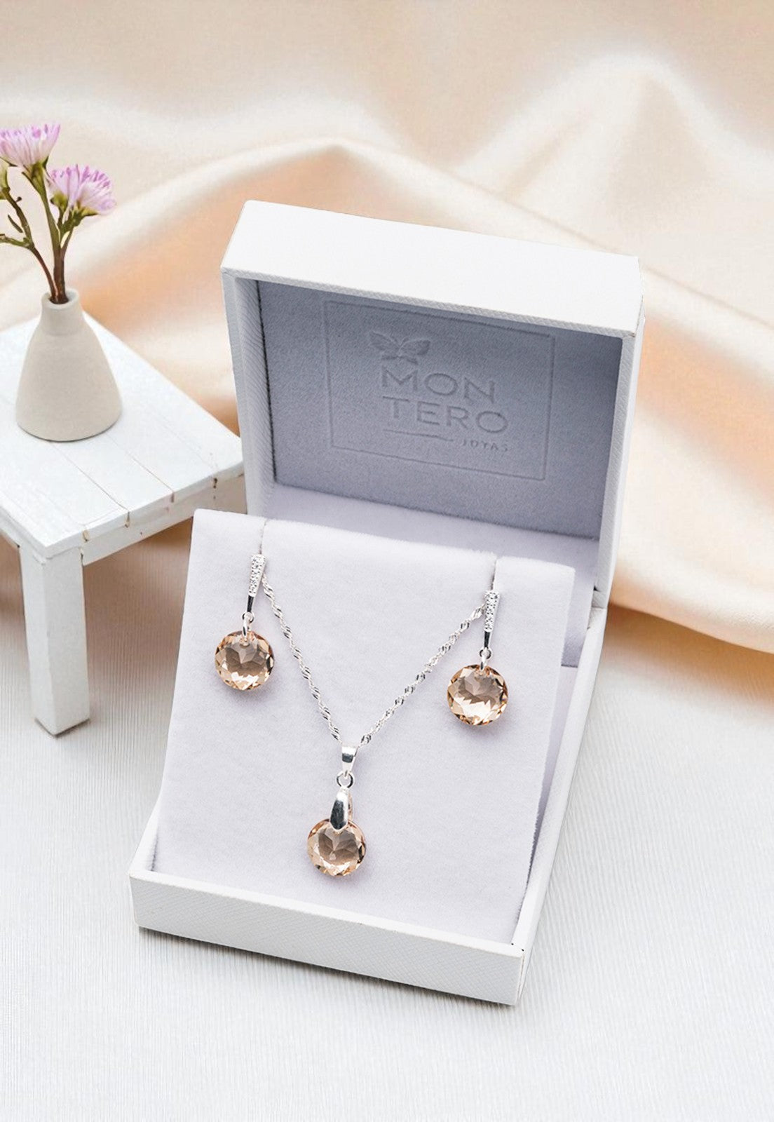 Conjunto Gracia Plata 925 Cristal Genuino Golden Shadow