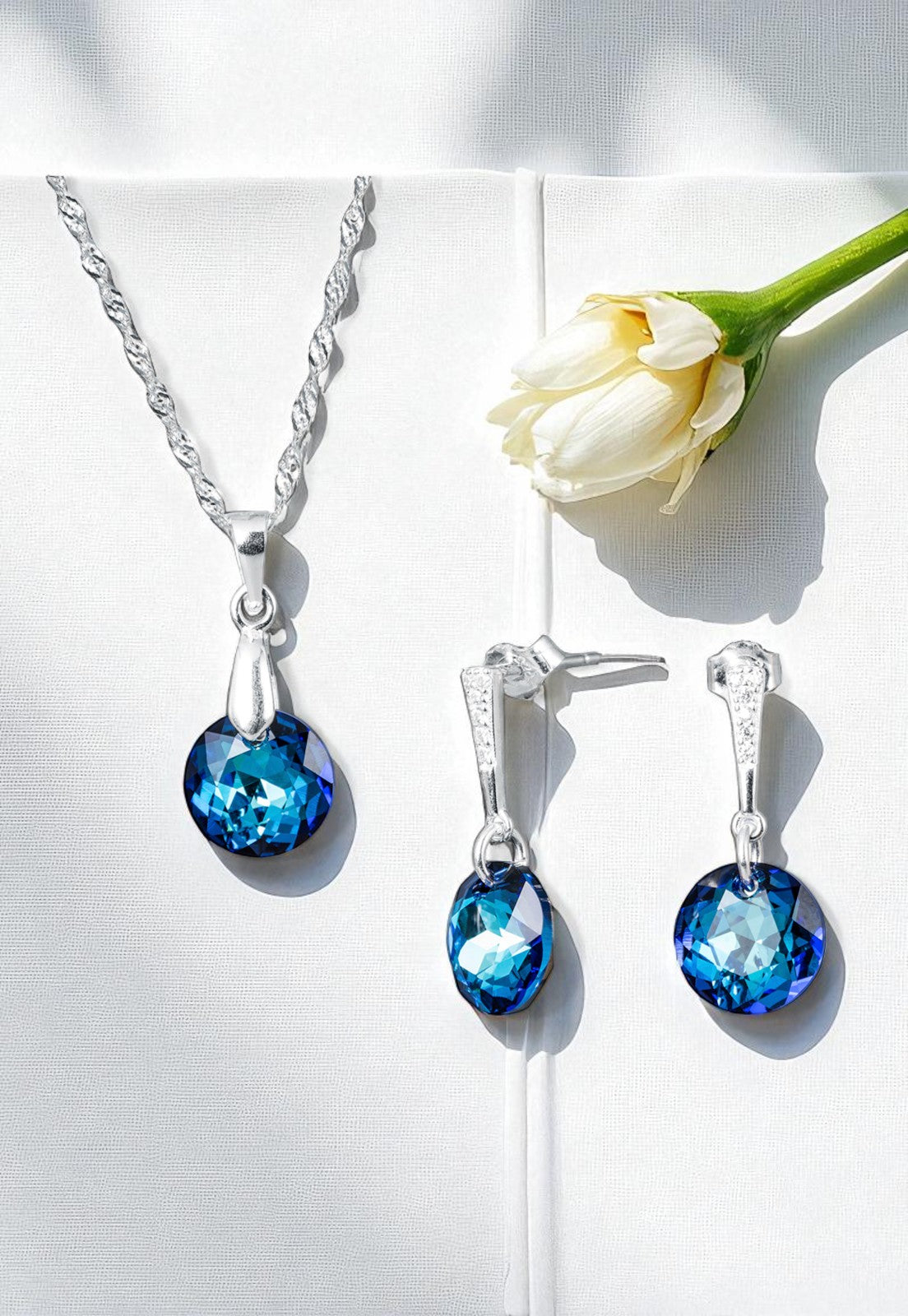 Conjunto Gracia Plata 925 Cristal Genuino Bermuda Blue