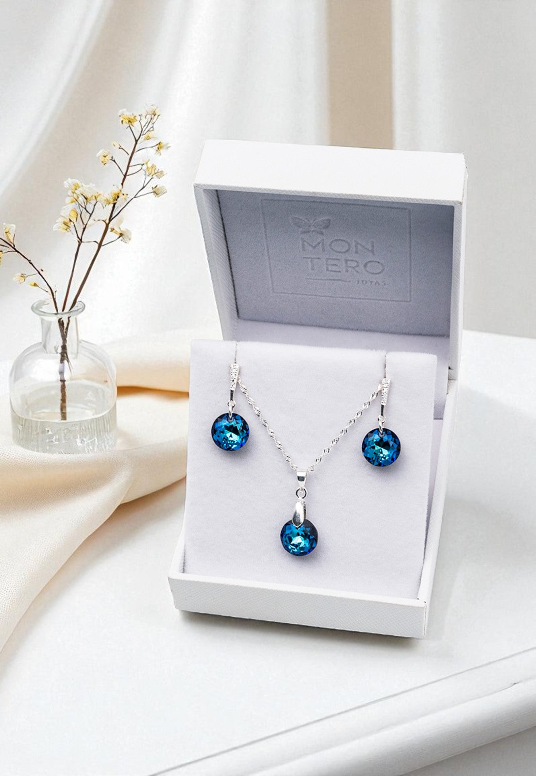 Conjunto Gracia Plata 925 Cristal Genuino Bermuda Blue