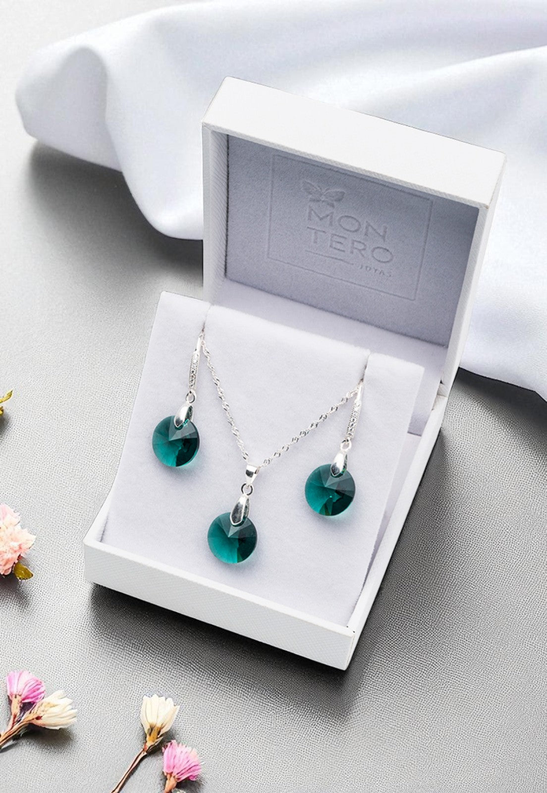 Conjunto Madrid Plata 925 Cristal Genuino Emerald