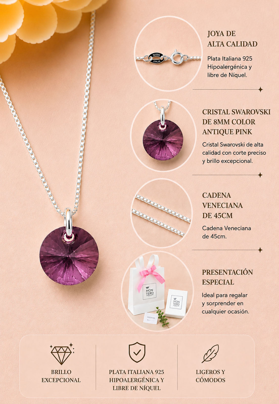 Collar Punto de Luz Plata 925 Cristal Swarovski®  Antique Pink