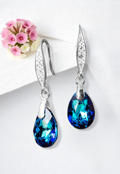 Aros Capricho Plata Italiana 925 y Cristale Genuino Bermuda Blue