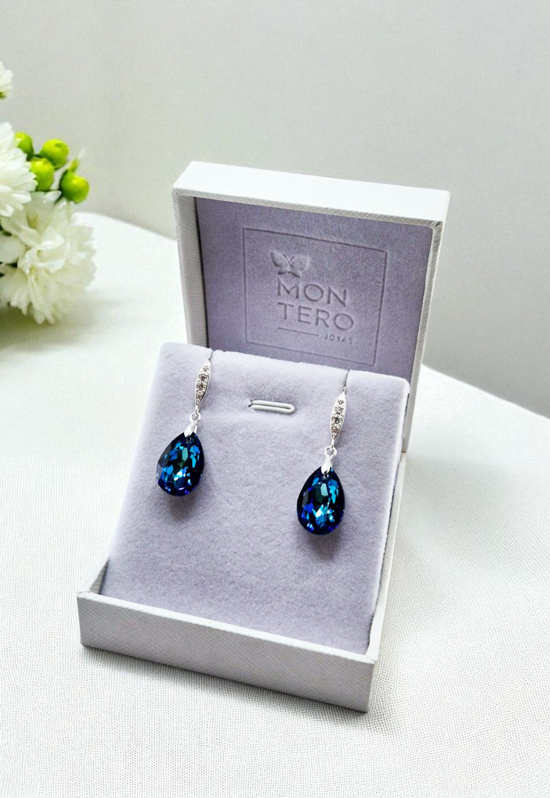 Aros Capricho Plata Italiana 925 y Cristale Genuino Bermuda Blue