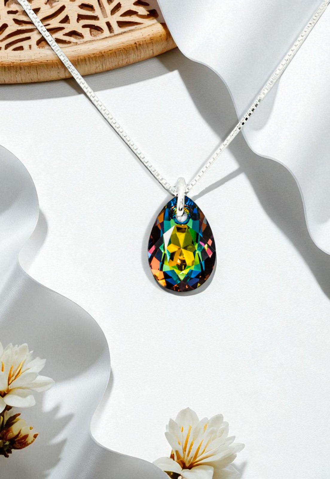 Collar Gota de Luz Plata 925 Cristal Genuino Vitral Medium