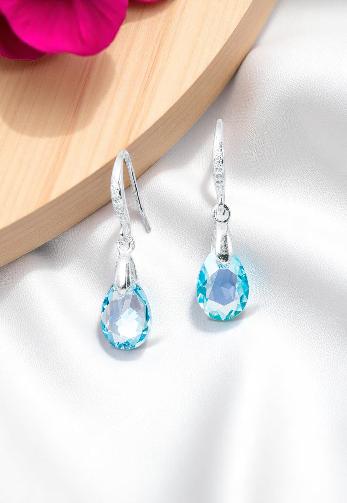 Aros Gota de Luz Plata Italiana 925 Cristal Genuino Aquamarine