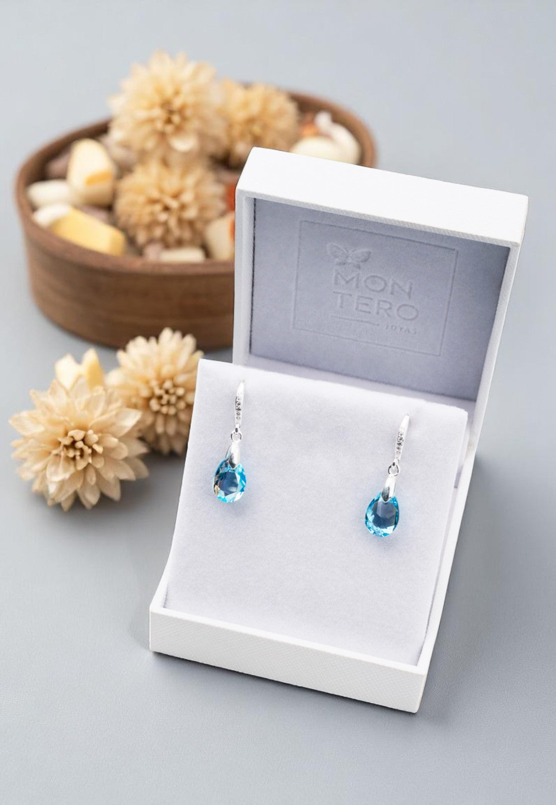 Aros Gota de Luz Plata Italiana 925 Cristal Genuino Aquamarine