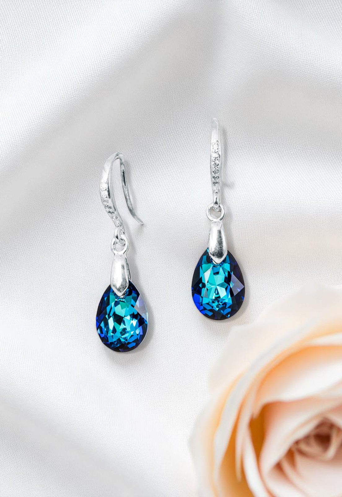 Aros Gota de Luz Plata Italiana 925 Cristal Genuino Bermuda Blue