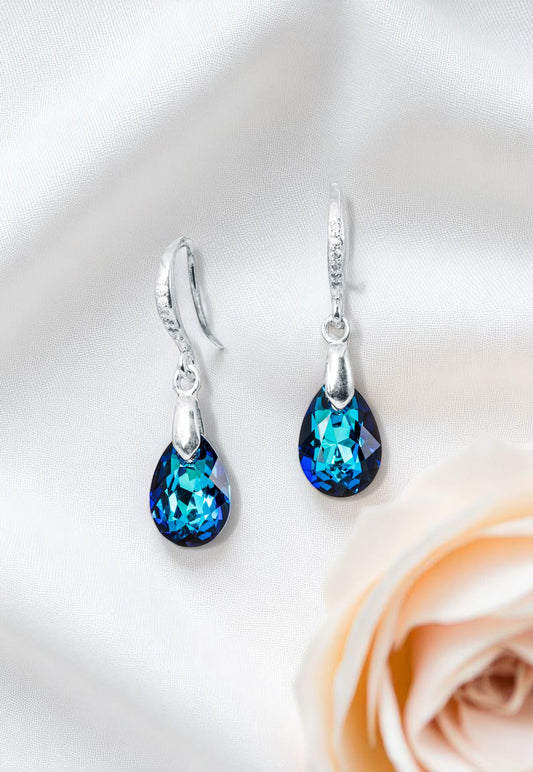 Aros Gota de Luz Plata Italiana 925 Cristal Genuino Bermuda Blue