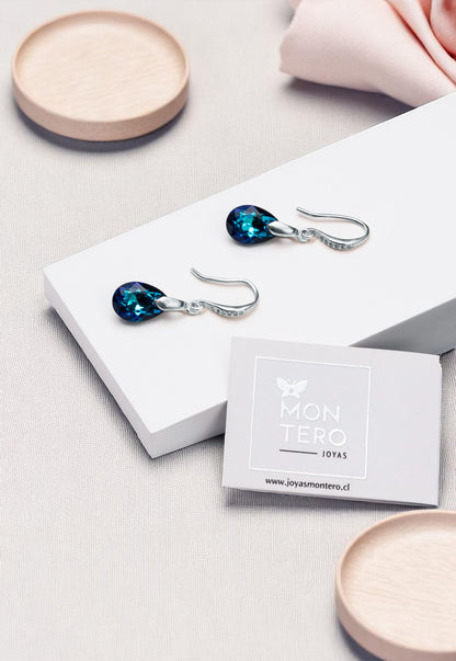 Aros Gota de Luz Plata Italiana 925 Cristal Genuino Bermuda Blue