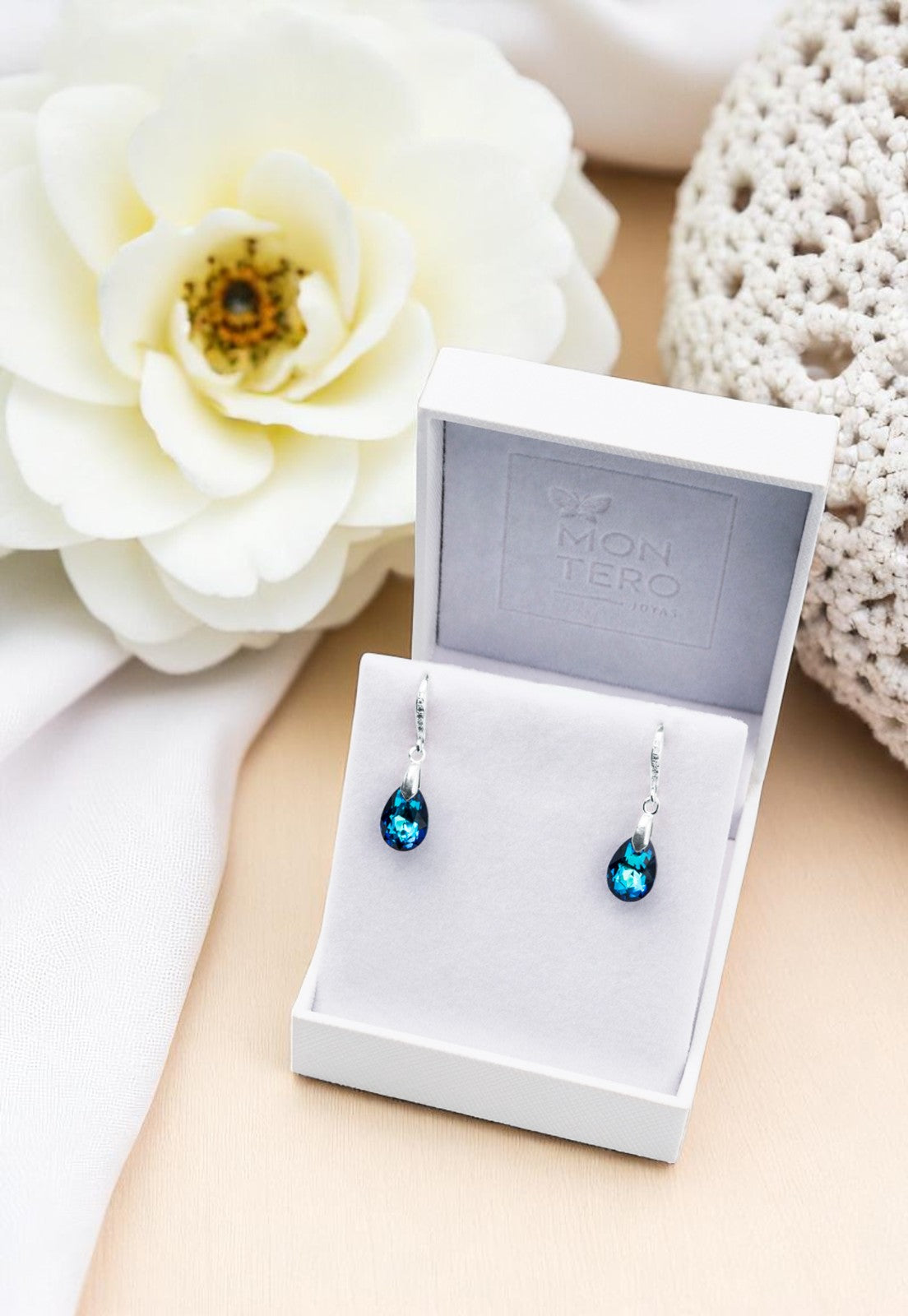 Aros Gota de Luz Plata Italiana 925 Cristal Genuino Bermuda Blue