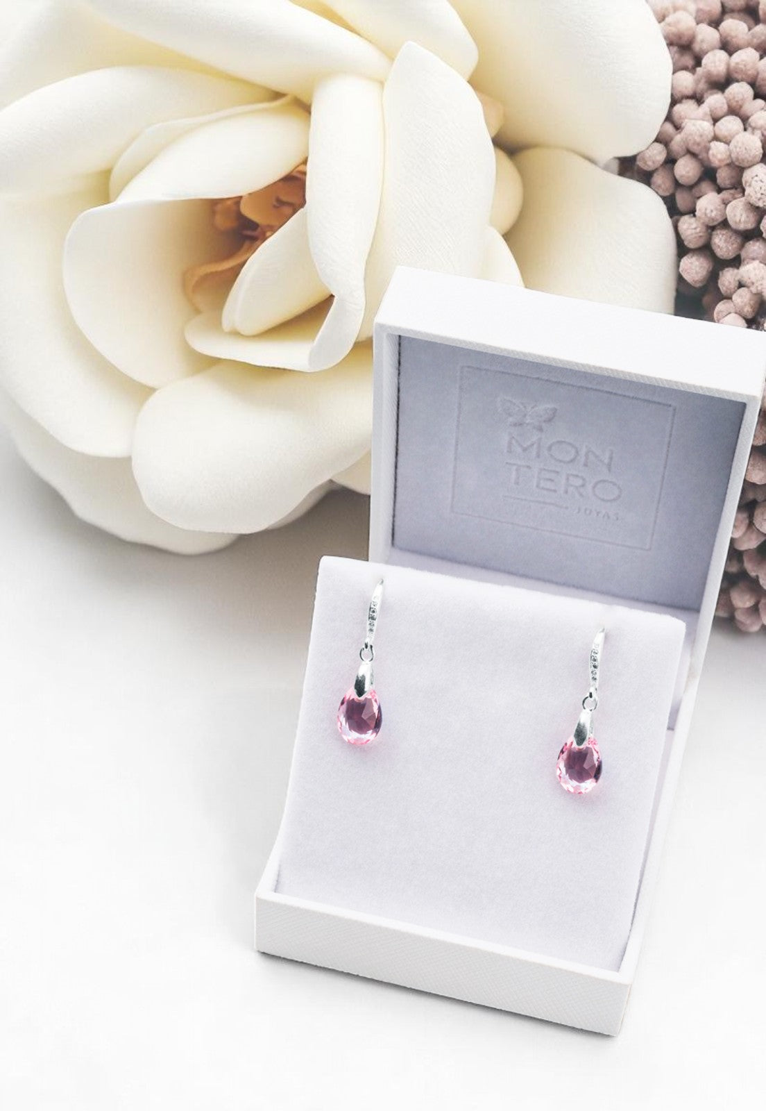 Aros Gota de Luz Plata  Italiana 925 Cristal Genuino Light Rose