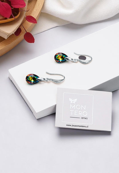 Aros Gota de Luz Plata Italiana 925 Cristal Genuino Vitral Medium