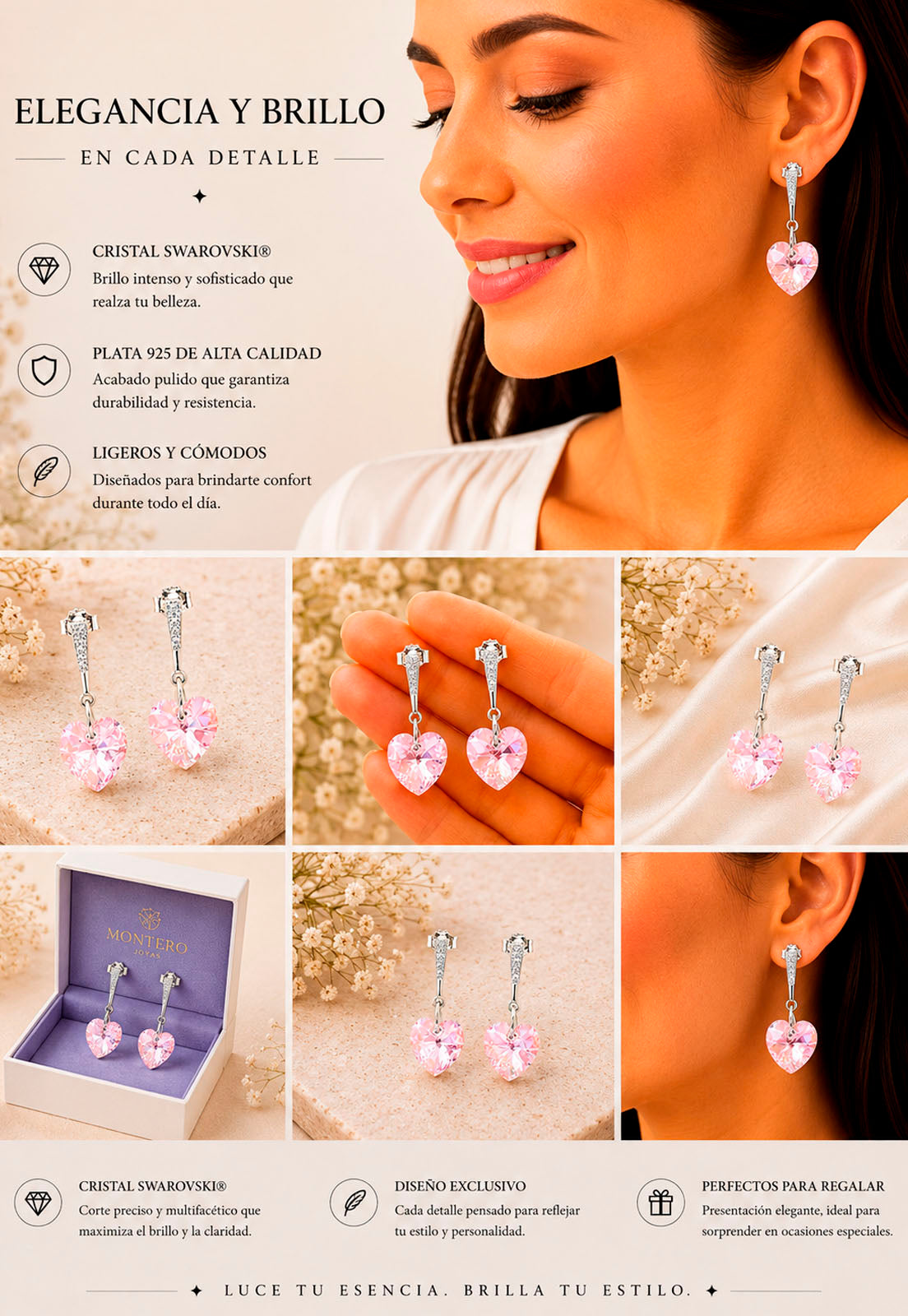 Aros Romance Plata 925 Cristal Swarovski® Light Rose