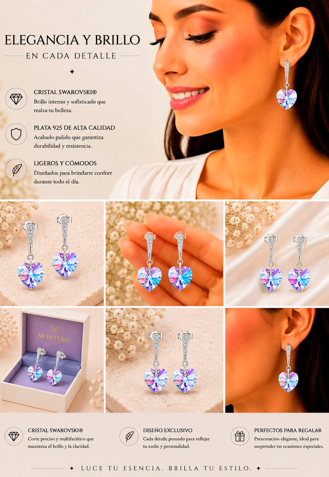 Aros Romance Plata 925 Cristal Swarovski® Vitral Light