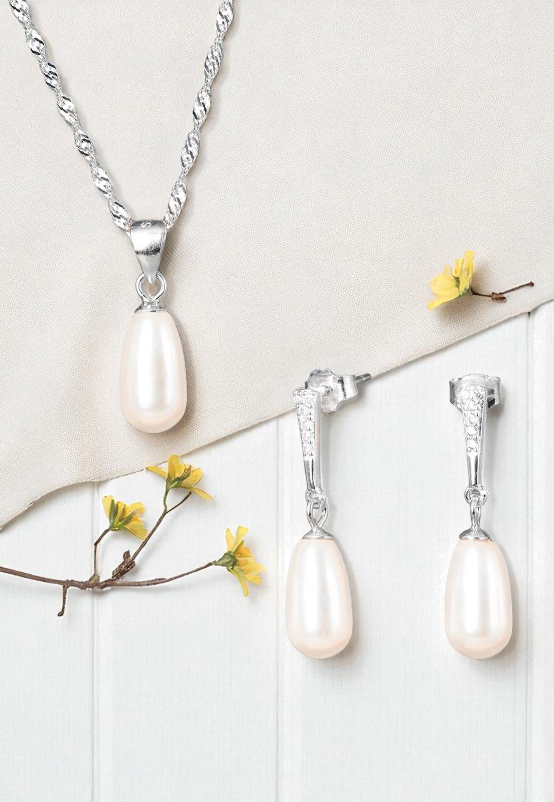 Conjunto Marsella Plata 925 Perlas Organicas Cream