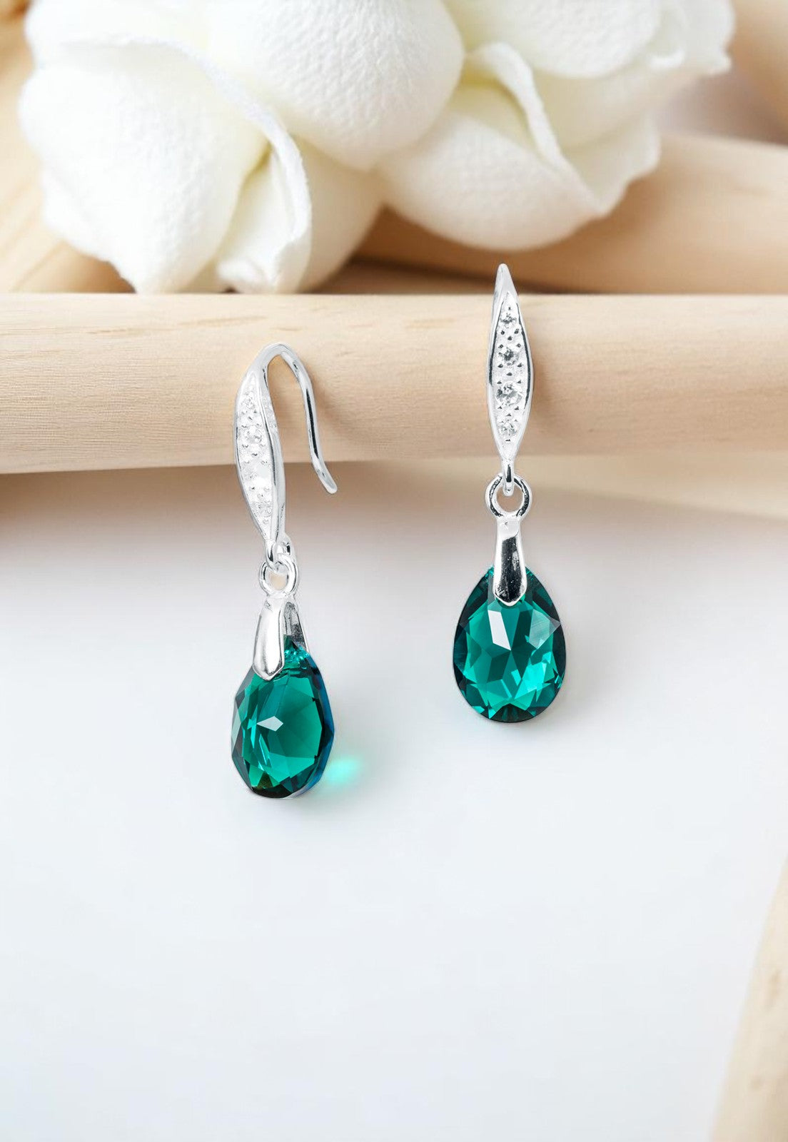 Aros Gota De Luz Plata Italiana 925 Cristal Genuino Emerald