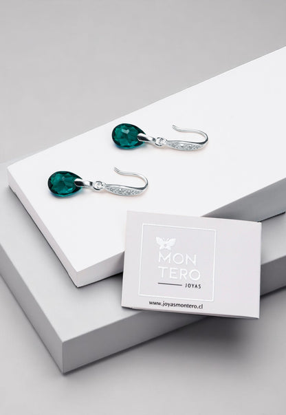 Aros Gota De Luz Plata Italiana 925 Cristal Genuino Emerald