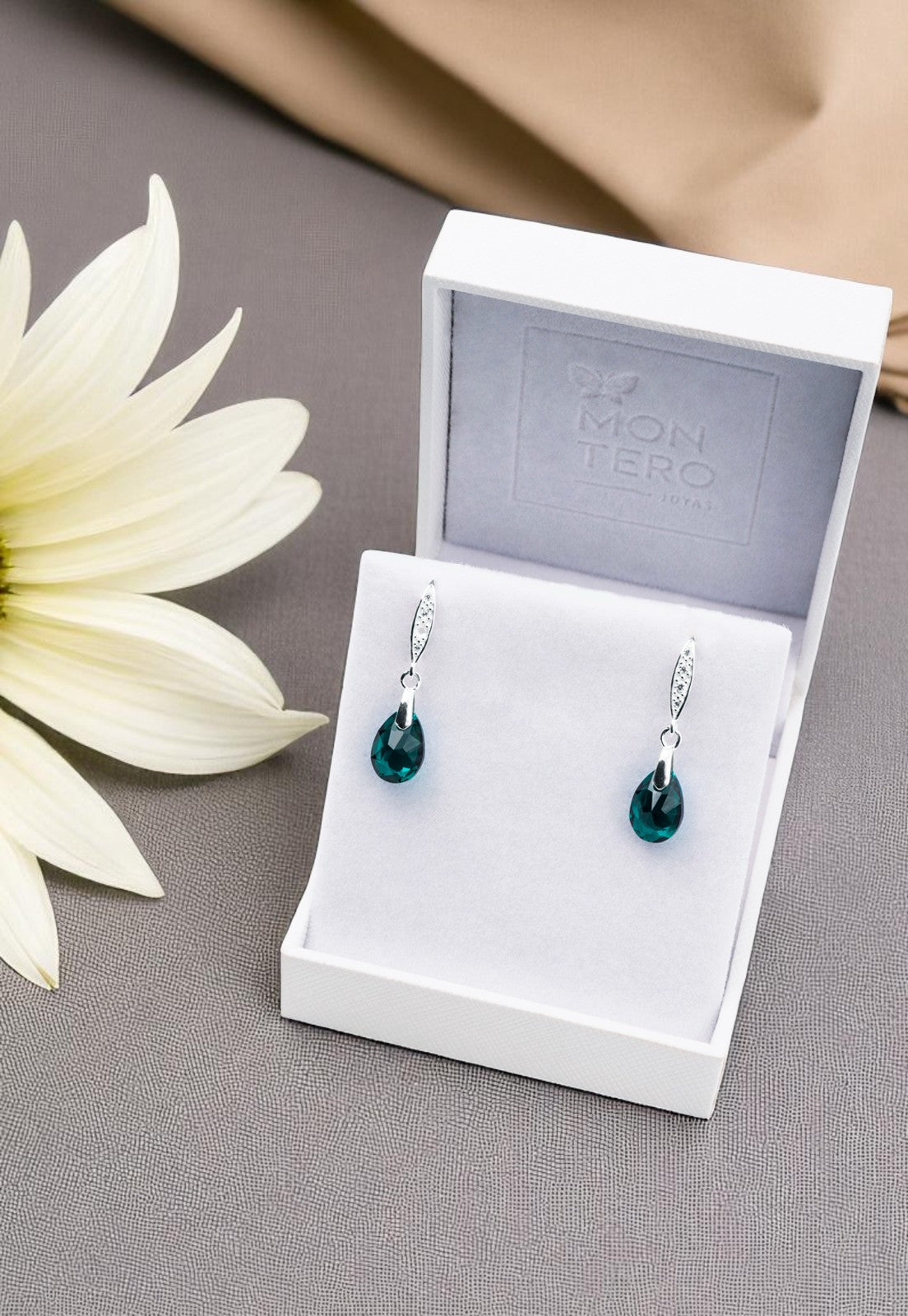 Aros Gota De Luz Plata Italiana 925 Cristal Genuino Emerald