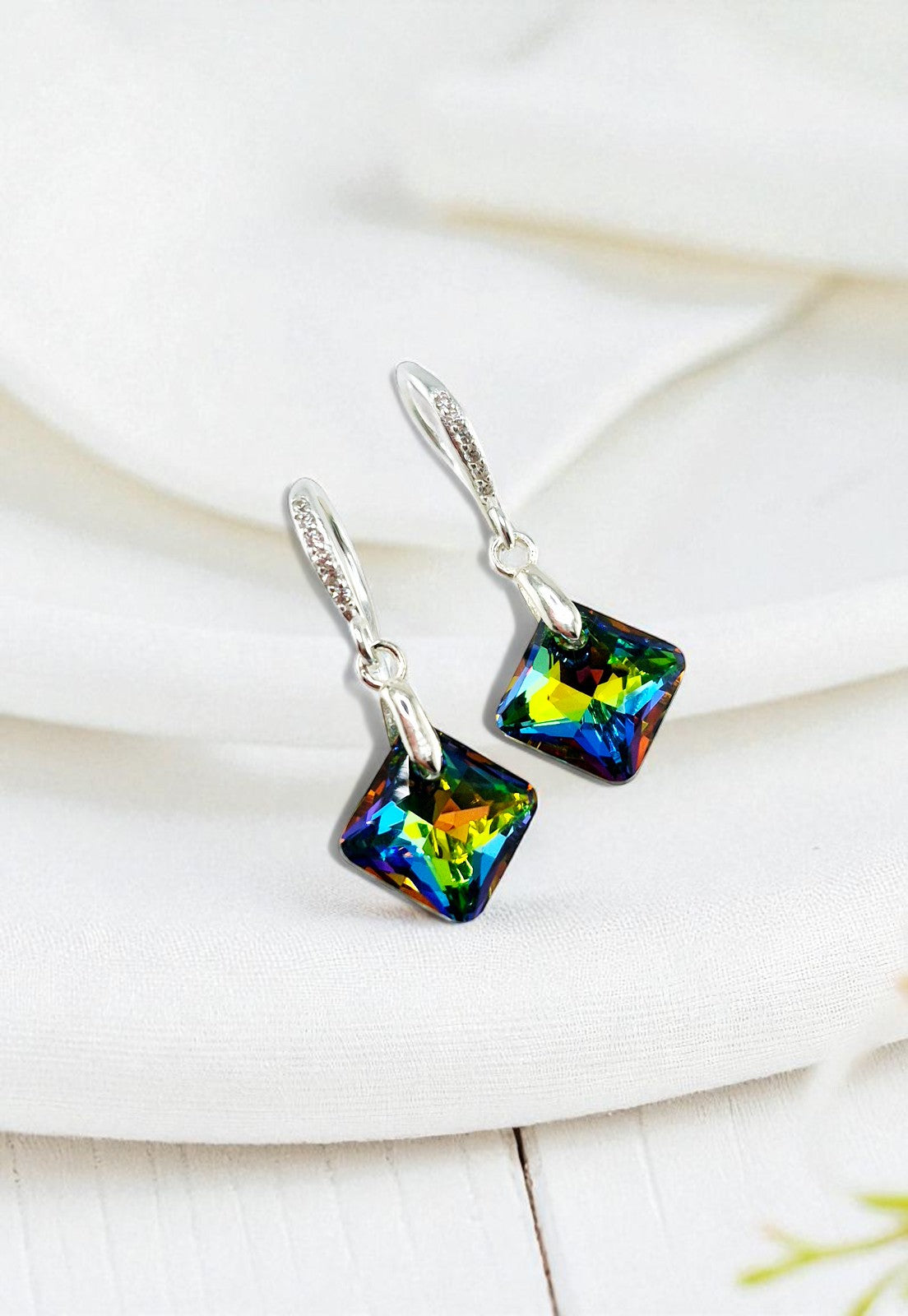 Aros Cristina Plata Italiana 925 y Cristales Genuinos Vitral Medium