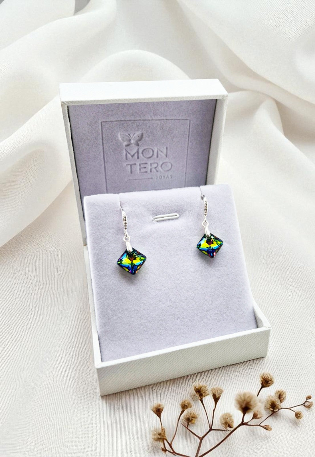 Aros Cristina Plata Italiana 925 y Cristales Genuinos Vitral Medium