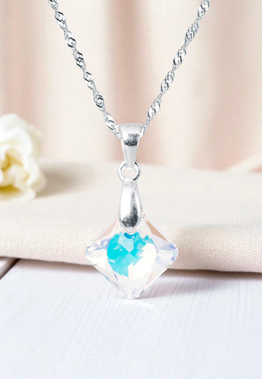 Collar Gran Cristina Plata Italiana 925 Cristal Genuino Aurora Boreal