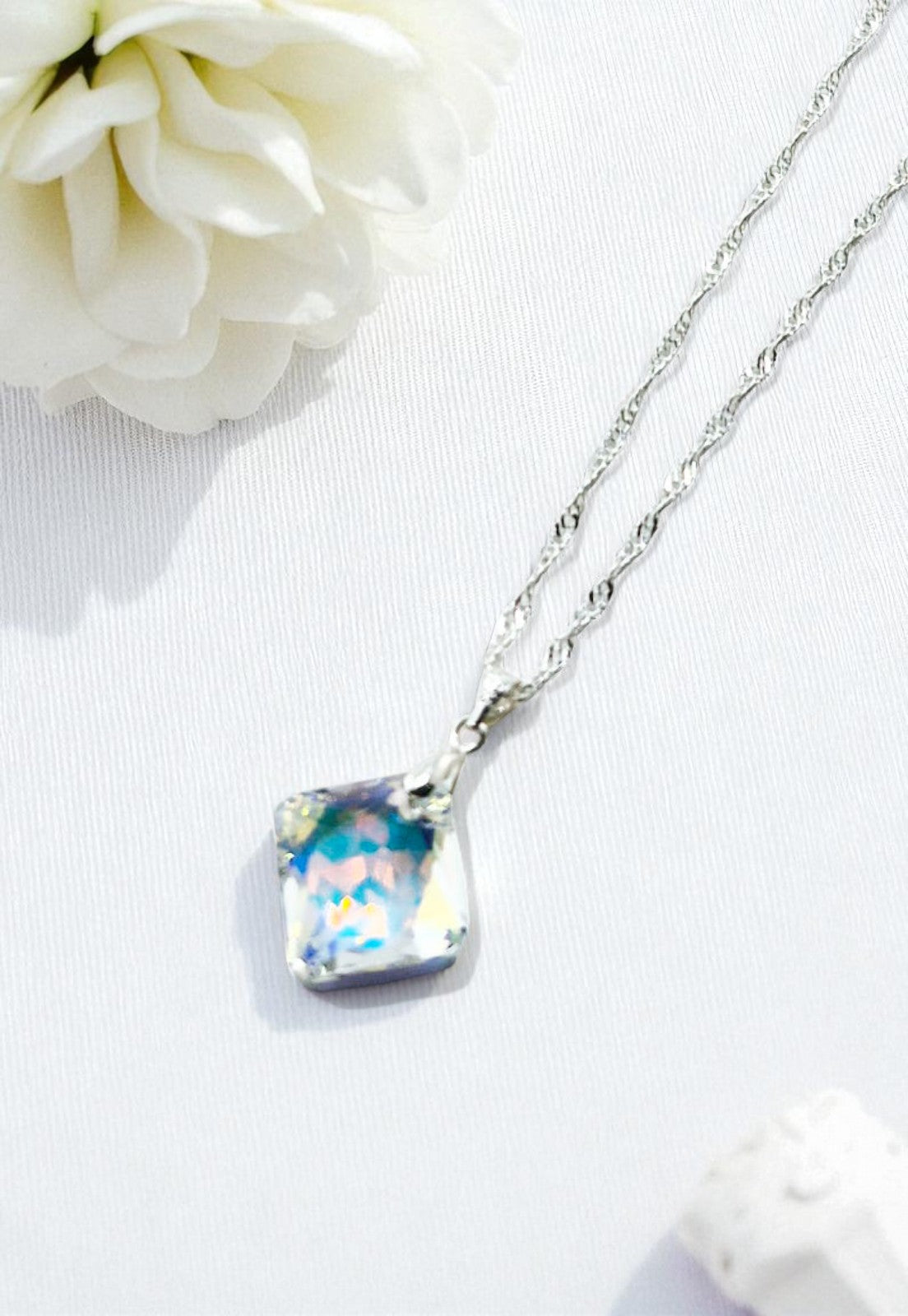 Collar Gran Cristina Plata Italiana 925 Cristal Genuino Aurora Boreal