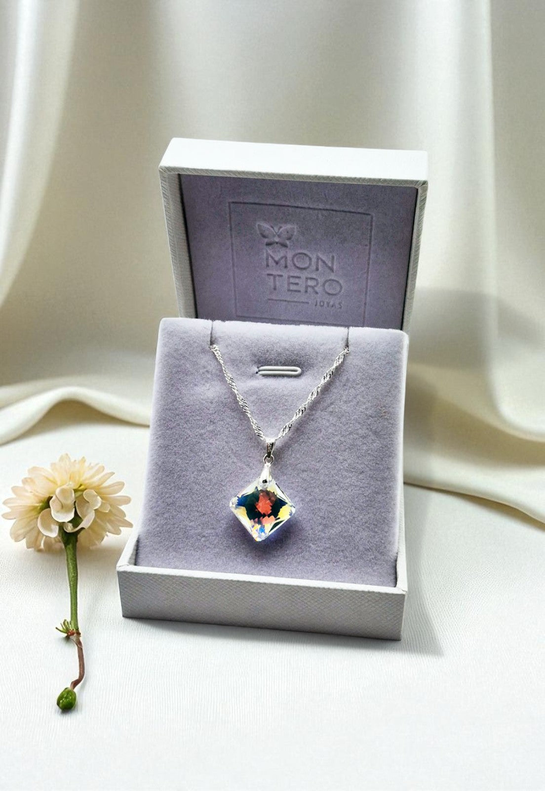 Collar Gran Cristina Plata Italiana 925 Cristal Genuino Aurora Boreal