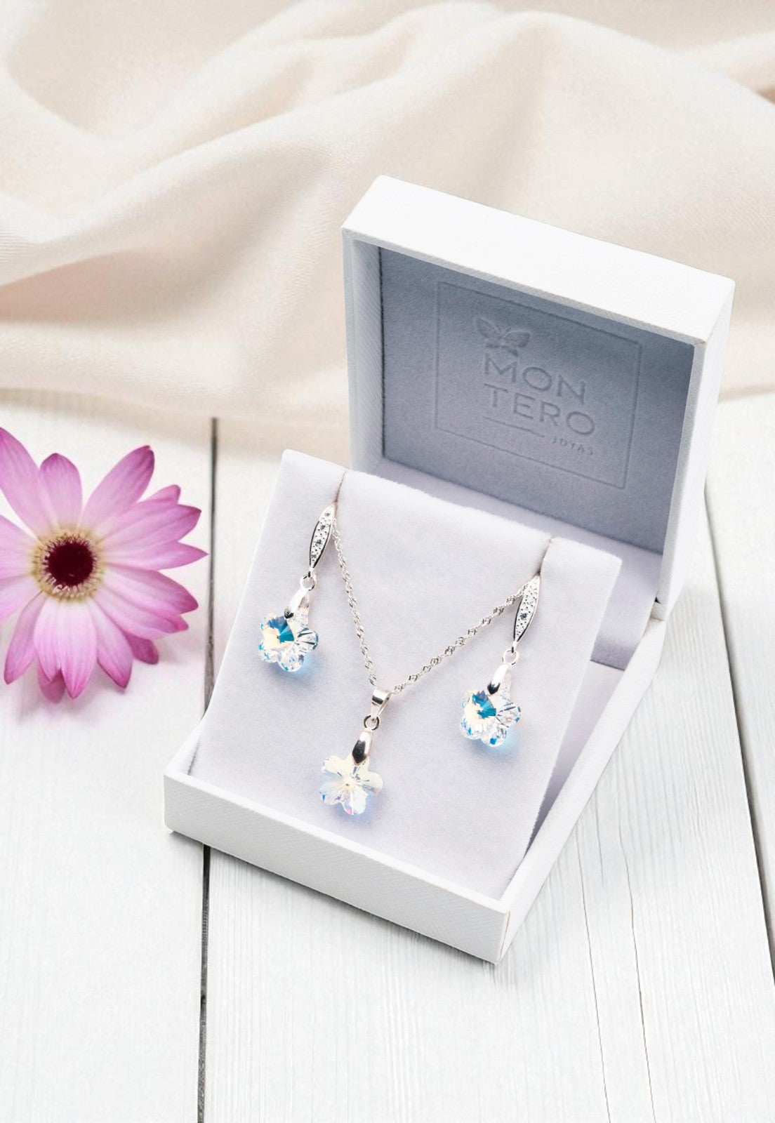 Conjunto Florencia Plata 925 Cristal Genuino Aurora Boreal