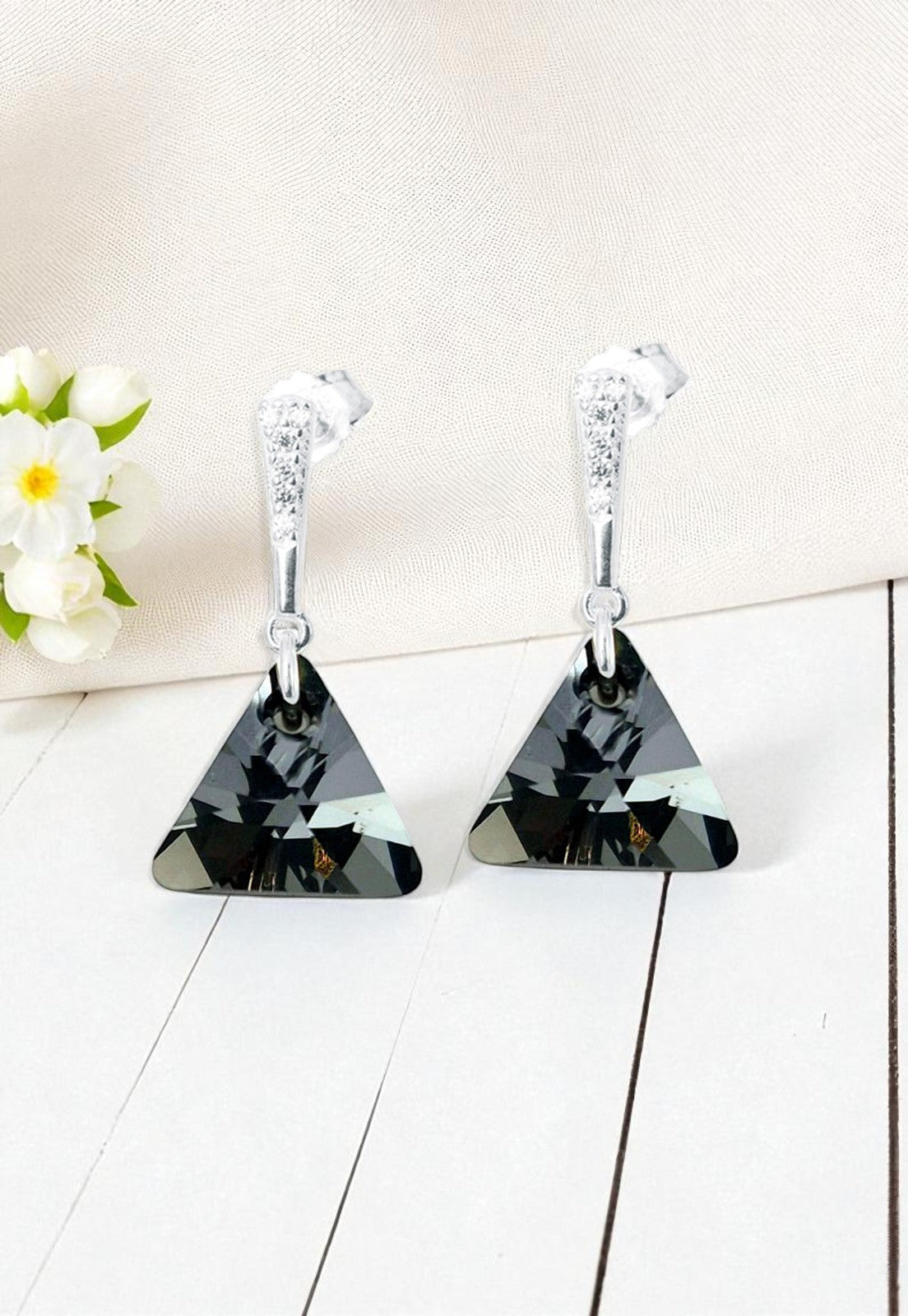 Aros Trinidad Plata Italiana 925 Con Cristales Genuinos Silver Night