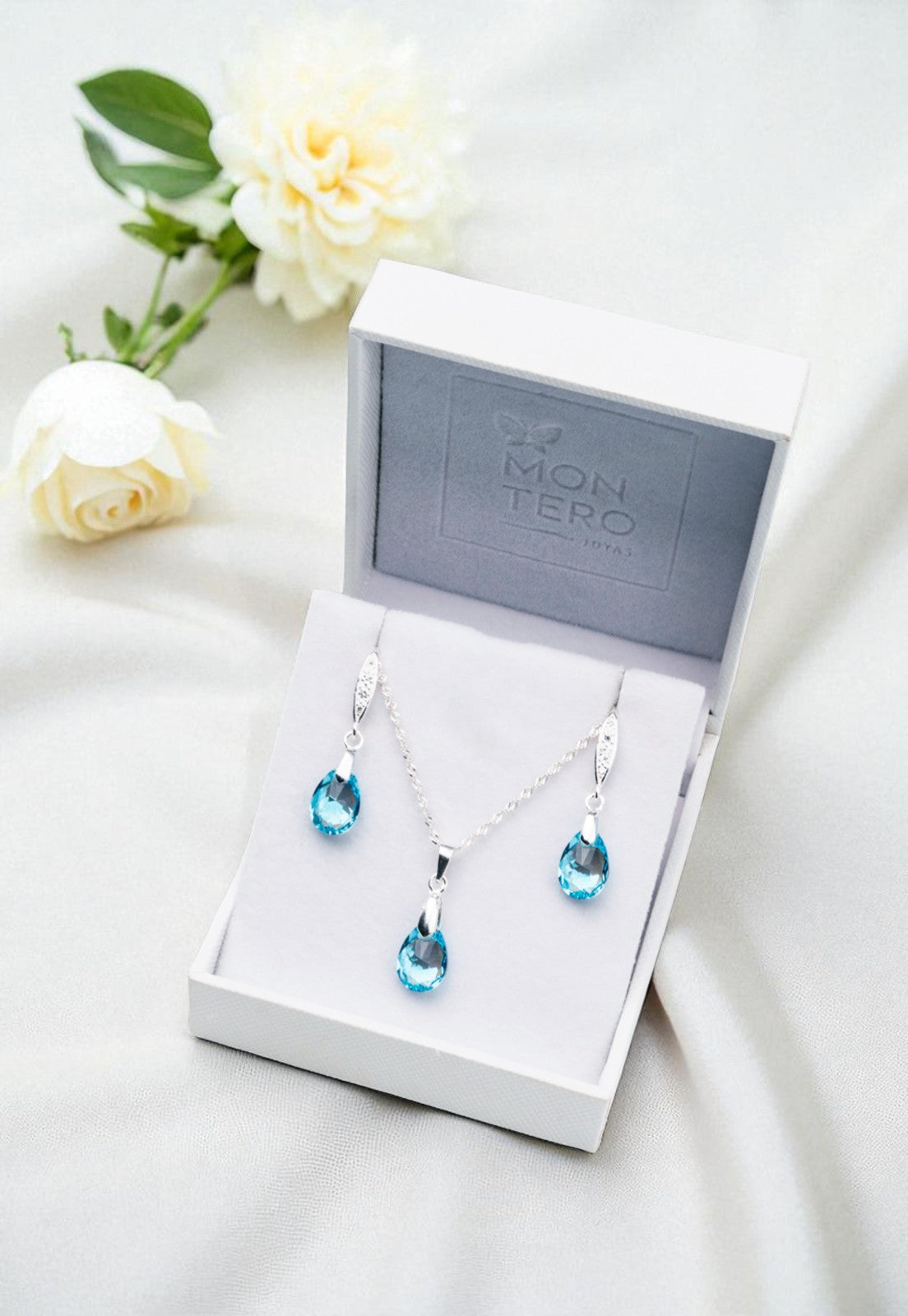 Conjunto Milan Plata 925 Cristal Genuino Aquamarine