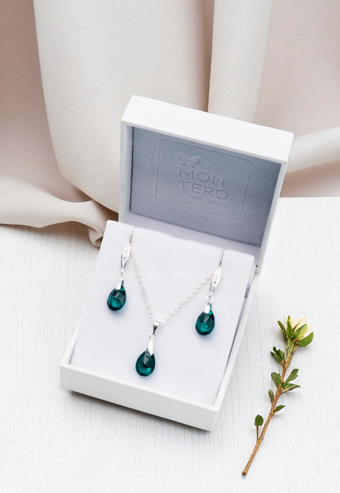 Conjunto Milan Plata 925 Cristal Genuino Emerald