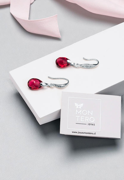 Aros Gota De Luz Plata Italiana 925 Cristal Genuino Scarlet