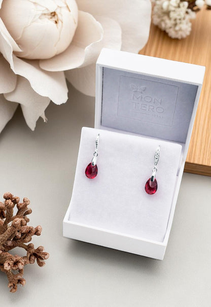 Aros Gota De Luz Plata Italiana 925 Cristal Genuino Scarlet