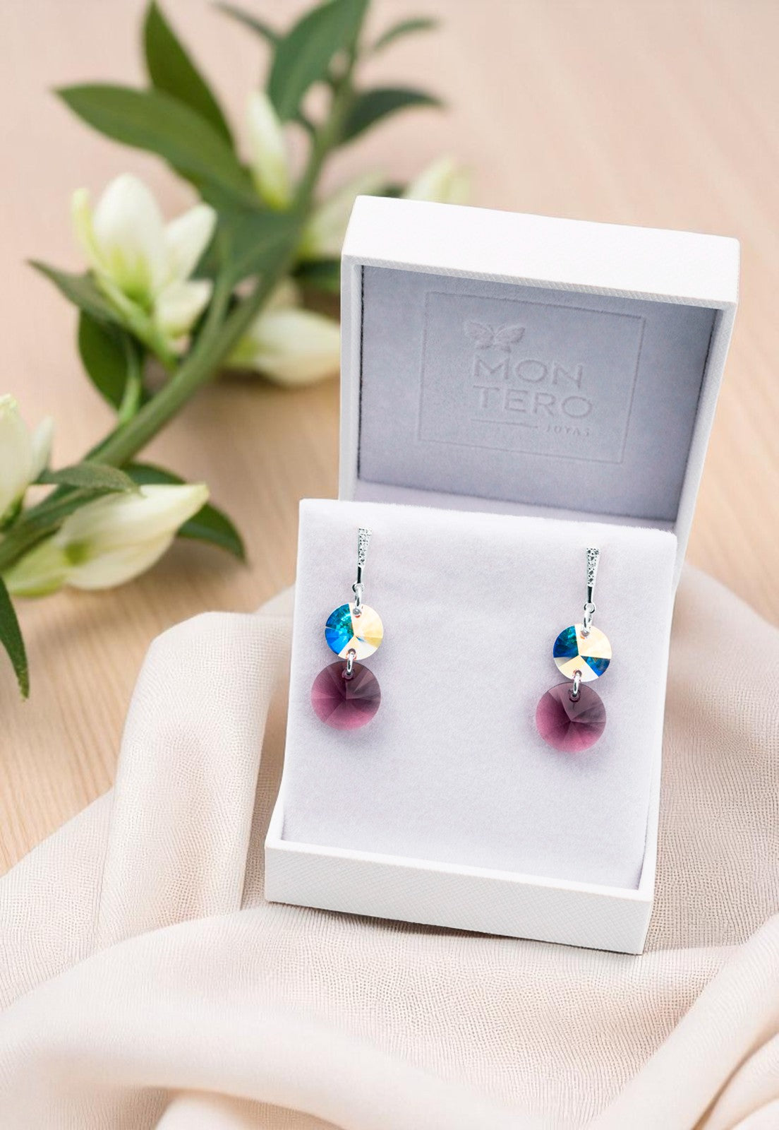 Aros Lourdes Plata 925 Cristal Genuino Amethyst