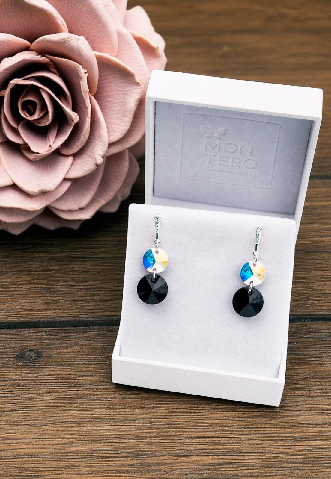 Aros Lourdes Plata 925 Cristal Genuino Black Jet