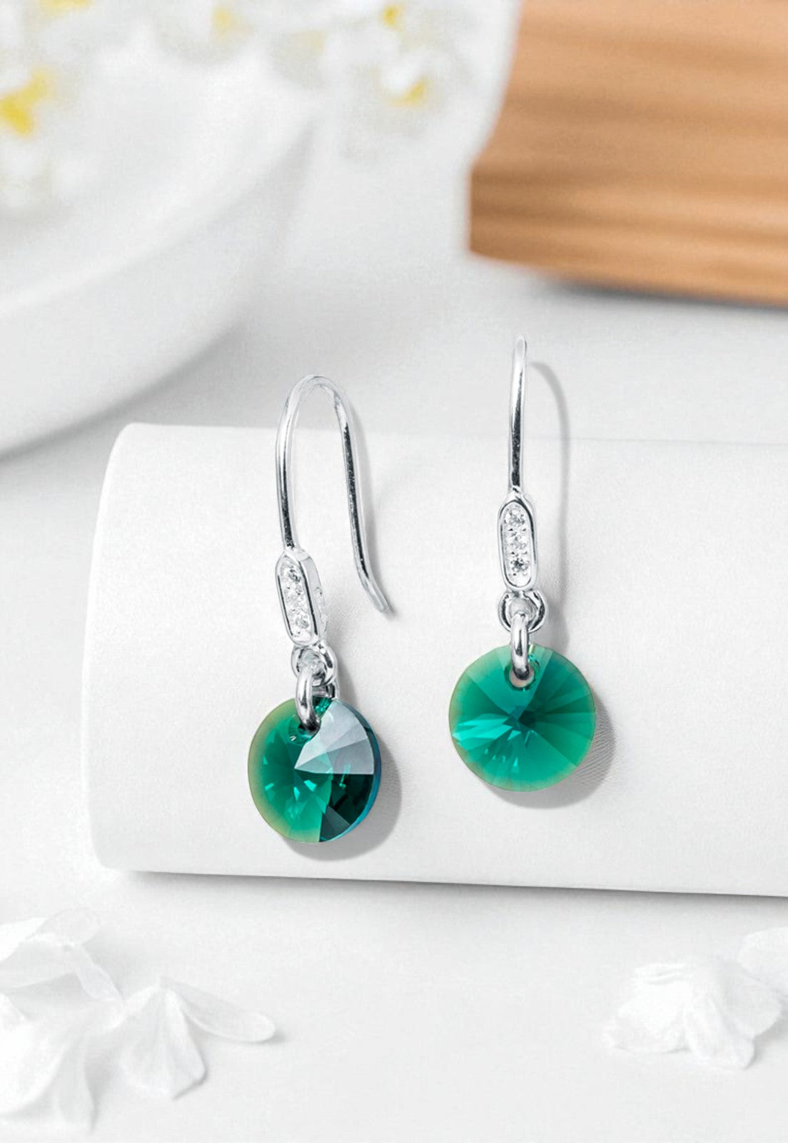 Aros Punto de Luz Plata 925 Cristal Genuino Emerald