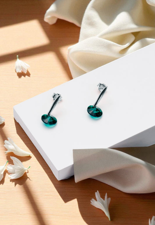 Aros Punto De Luz Plata 925 Cristal Genuino Emerald