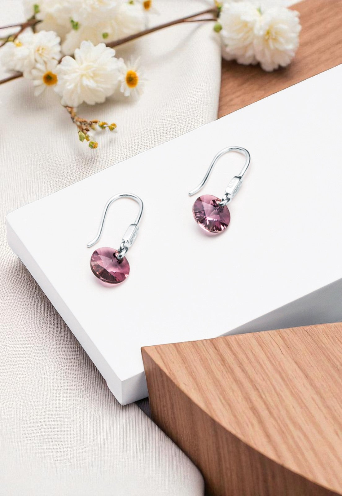 Aros Punto De Luz Circón Plata 925 Cristal Genuino Antique Pink