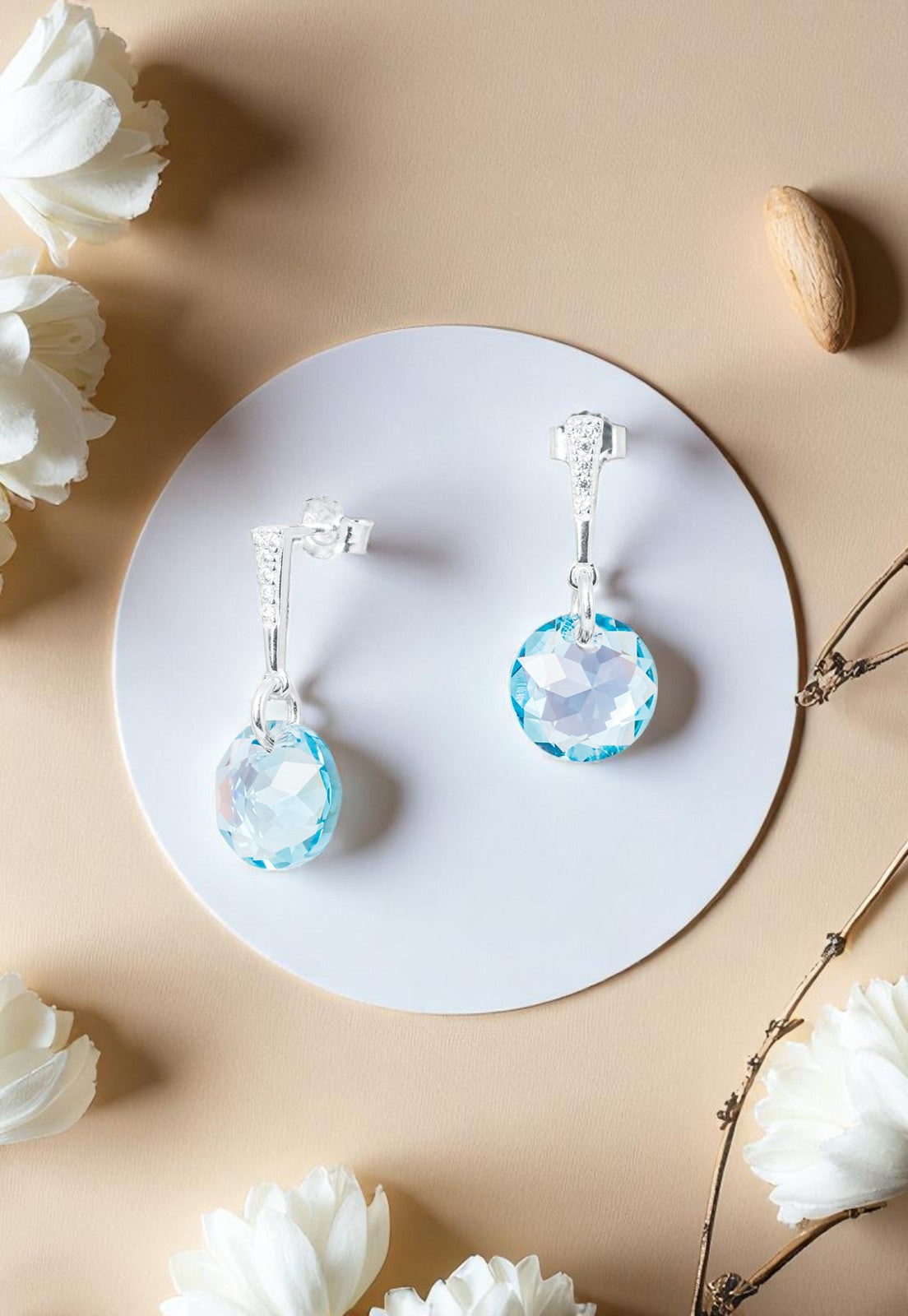 Aros Gracia Plata 925 Cristal Genuino Aquamarine Shimmer