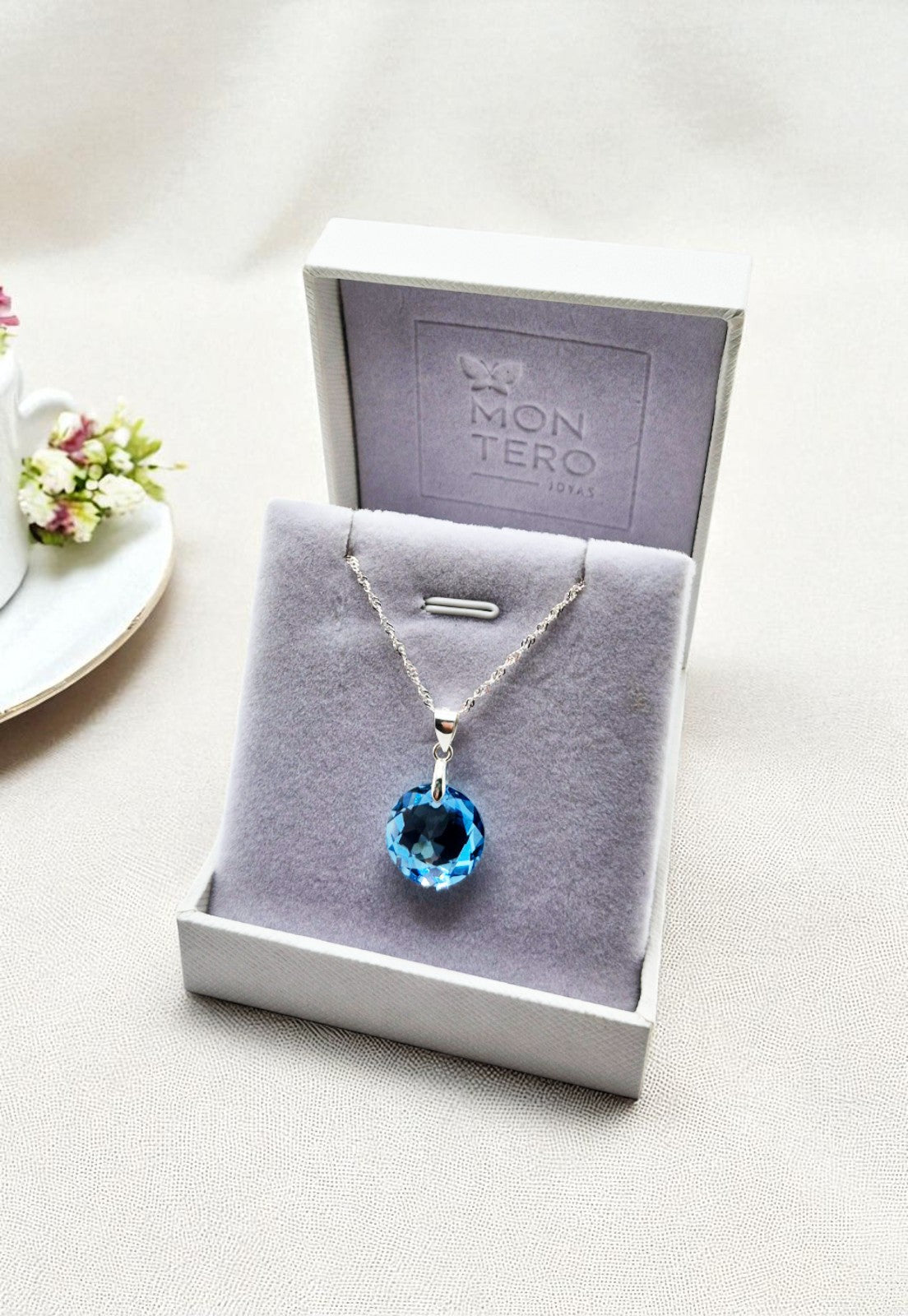 Collar Gran Gracia Plata Italiana 925 y Cristales Genuinos Aquamarine